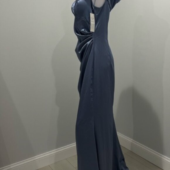 Teri Jon Gown Women 14 Blue Purple Stretch Satin Off Shoulder Glam Chic - Picture 12 of 16